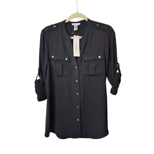 Calvin Klein Black Utility Button-Up Shirt with Silver Buttons M NWT